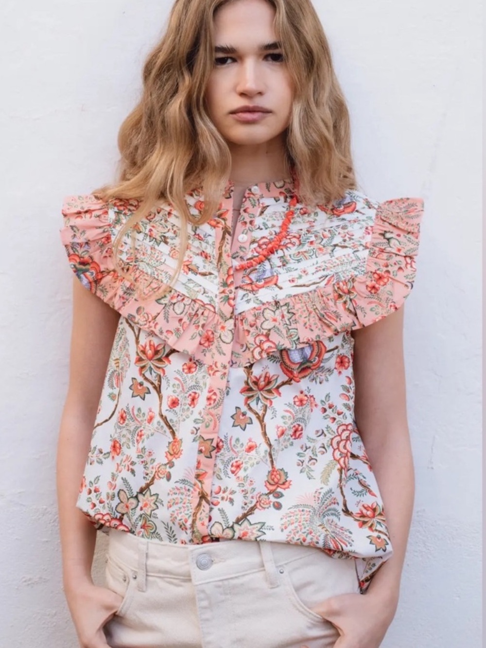 Sonmer $169 Floral Print Ruffle Sleeve Blouse in Peach and Cream